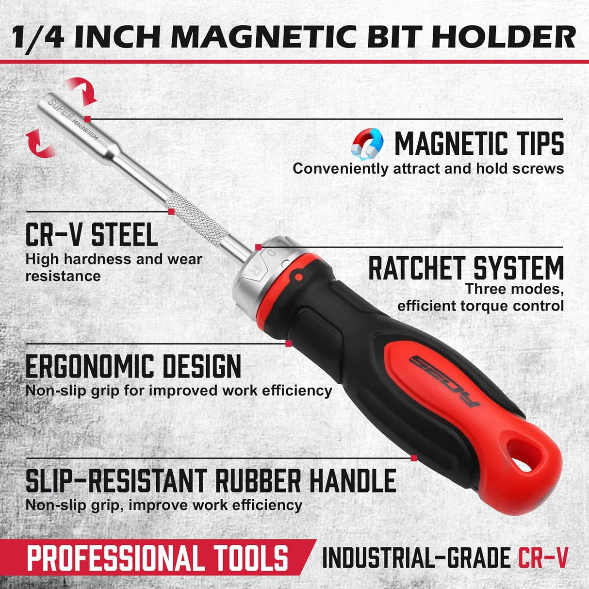 Magnetic ratcheting screwdriver with CR-V shaft, ergonomic anti-slip handle, and 1/4 inch bit holder