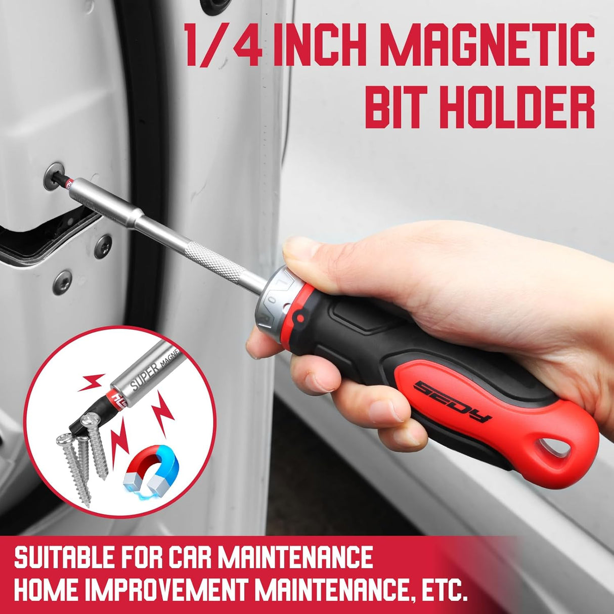 Magnetic ratcheting screwdriver with CR-V shaft, ergonomic anti-slip handle, and 1/4 inch bit holder
