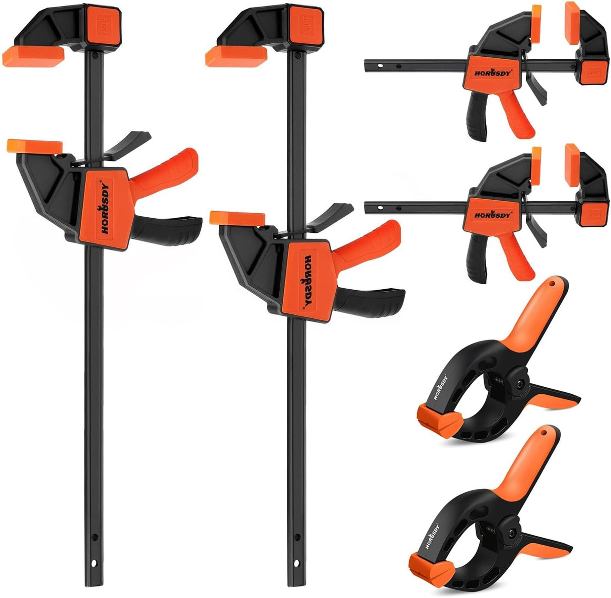 HORUSDY 6-piece spring and bar clamp set with ergonomic handles and anti-slip pads for woodworking and crafts
