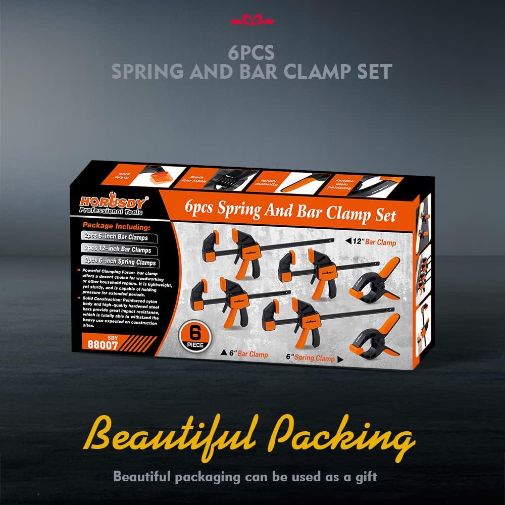 HORUSDY 6-piece spring and bar clamp set with ergonomic handles and anti-slip pads for woodworking and crafts