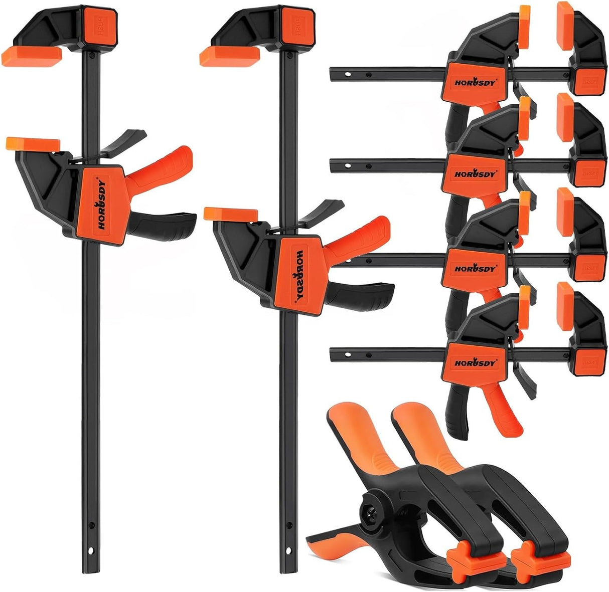 HORUSDY spring and bar clamp set for woodworking, includes 6-inch and 12-inch clamps with ergonomic grip and durable nylon construction