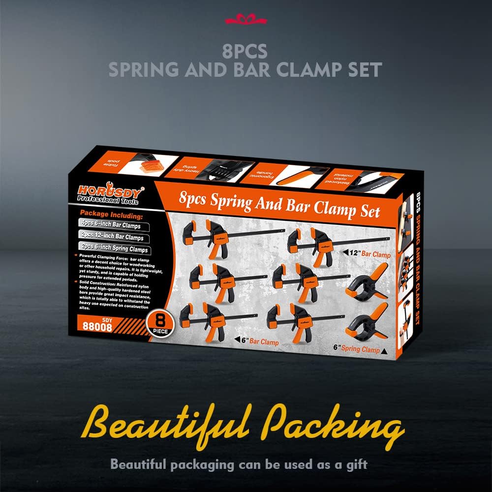 HORUSDY spring and bar clamp set for woodworking, includes 6-inch and 12-inch clamps with ergonomic grip and durable nylon construction