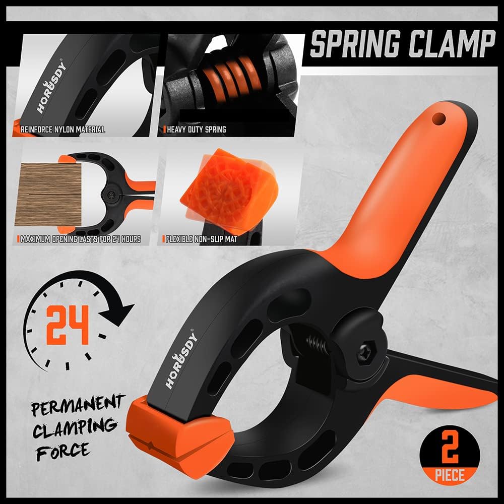HORUSDY spring and bar clamp set for woodworking, includes 6-inch and 12-inch clamps with ergonomic grip and durable nylon construction