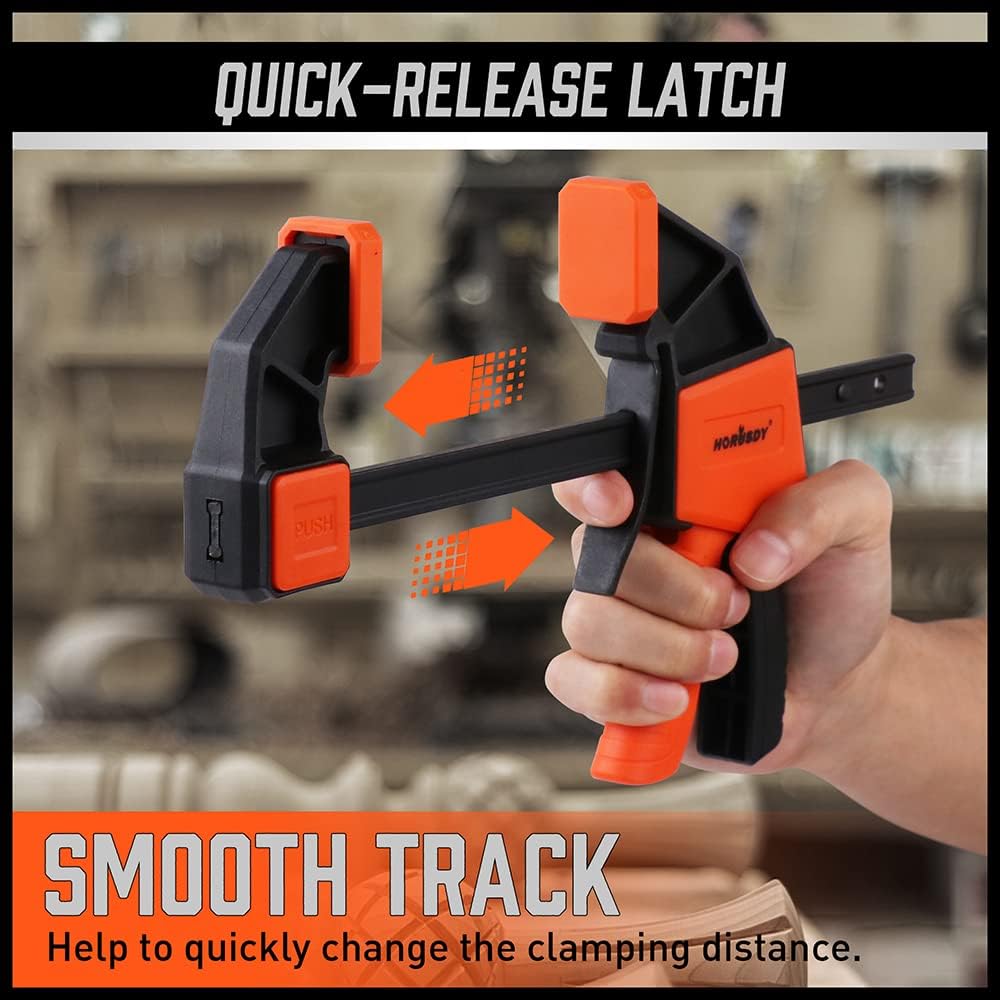 HORUSDY spring and bar clamp set for woodworking, includes 6-inch and 12-inch clamps with ergonomic grip and durable nylon construction