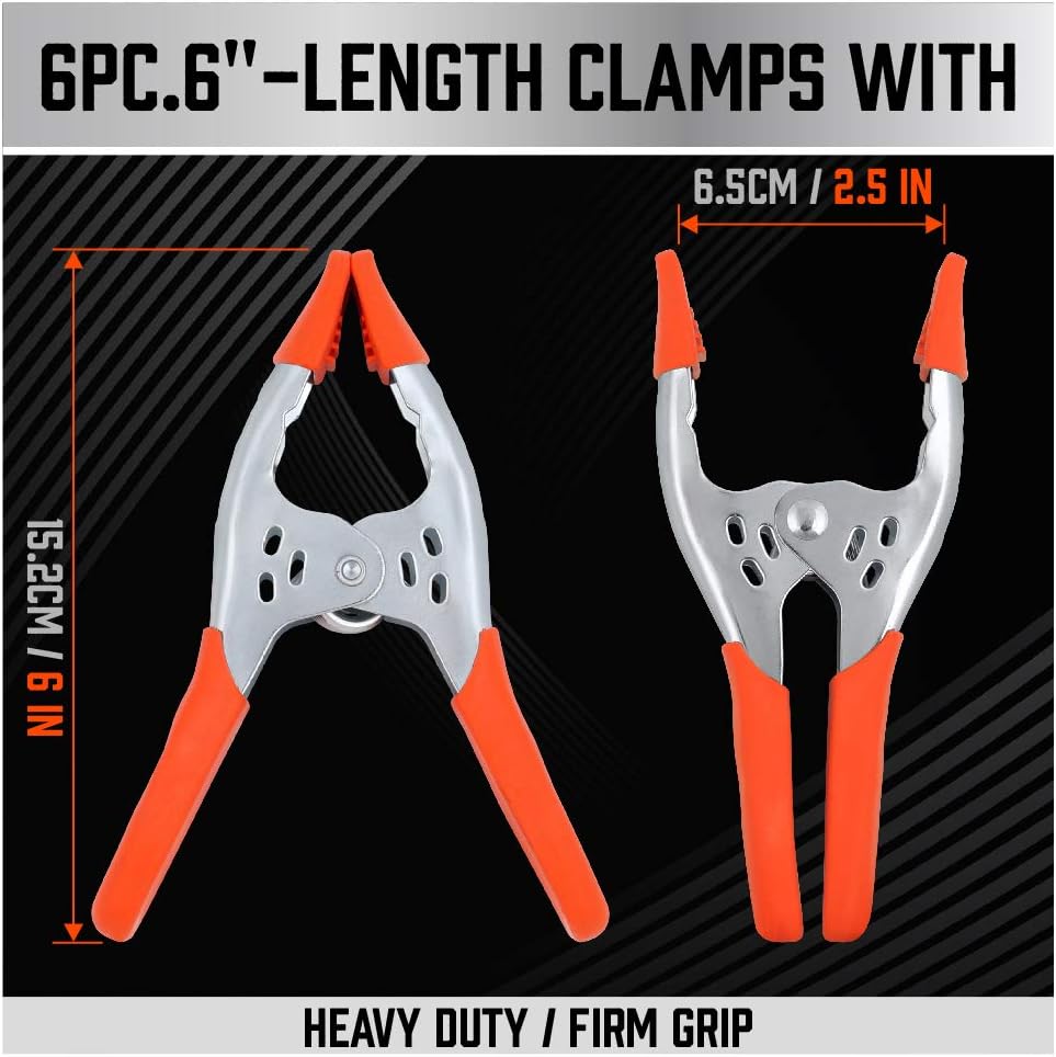6-inch heavy duty metal spring clamps with orange PVC-coated tips for woodworking, crafts, photography, and DIY applications