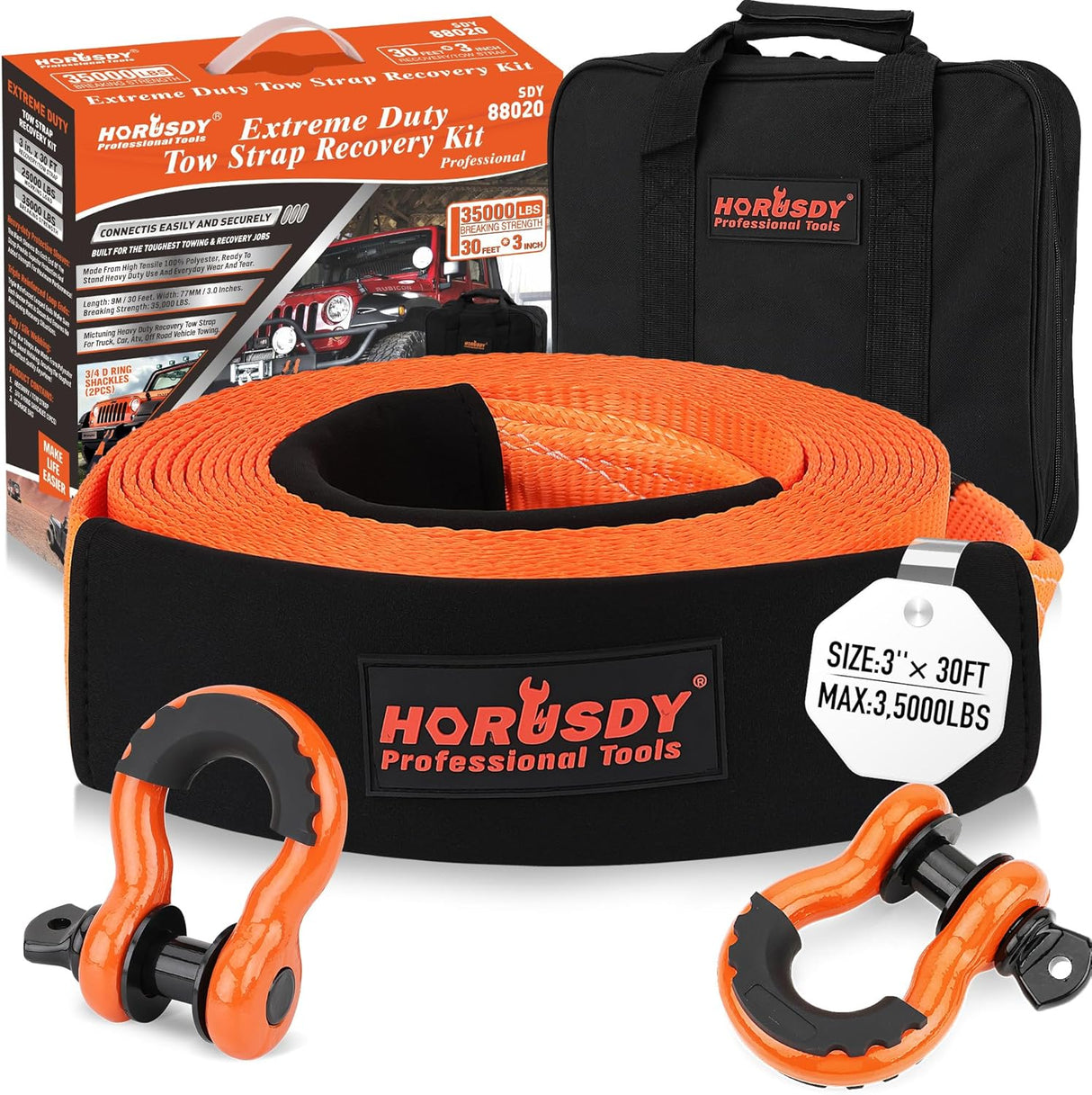 Heavy-duty HORUSDY orange tow strap recovery kit with 3"x30FT nylon strap, 35,000 lbs break strength, D-ring shackles, and storage bag for vehicle recovery
