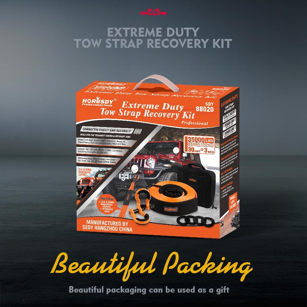 Heavy-duty HORUSDY orange tow strap recovery kit with 3"x30FT nylon strap, 35,000 lbs break strength, D-ring shackles, and storage bag for vehicle recovery