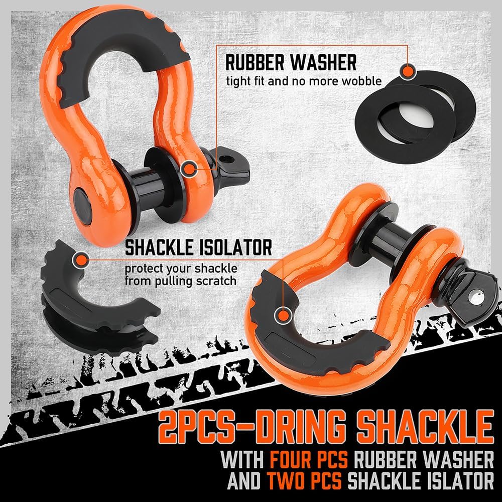 Heavy-duty HORUSDY orange tow strap recovery kit with 3"x30FT nylon strap, 35,000 lbs break strength, D-ring shackles, and storage bag for vehicle recovery