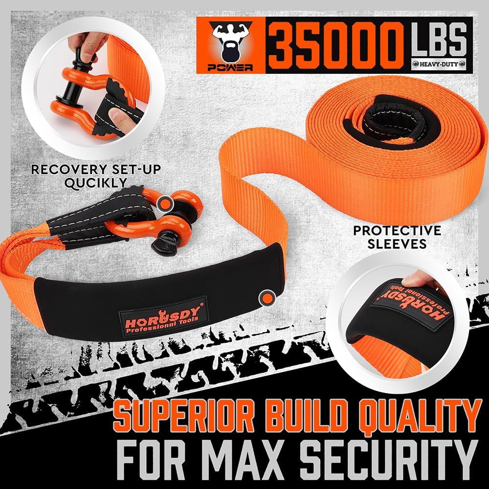 Heavy-duty HORUSDY orange tow strap recovery kit with 3"x30FT nylon strap, 35,000 lbs break strength, D-ring shackles, and storage bag for vehicle recovery