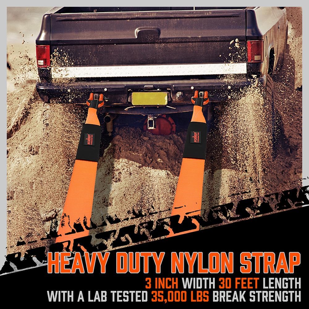 Heavy-duty HORUSDY orange tow strap recovery kit with 3"x30FT nylon strap, 35,000 lbs break strength, D-ring shackles, and storage bag for vehicle recovery