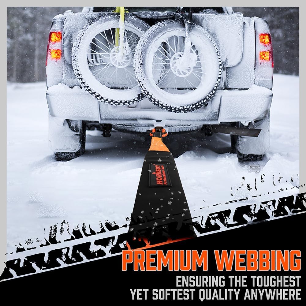 Heavy-duty HORUSDY orange tow strap recovery kit with 3"x30FT nylon strap, 35,000 lbs break strength, D-ring shackles, and storage bag for vehicle recovery