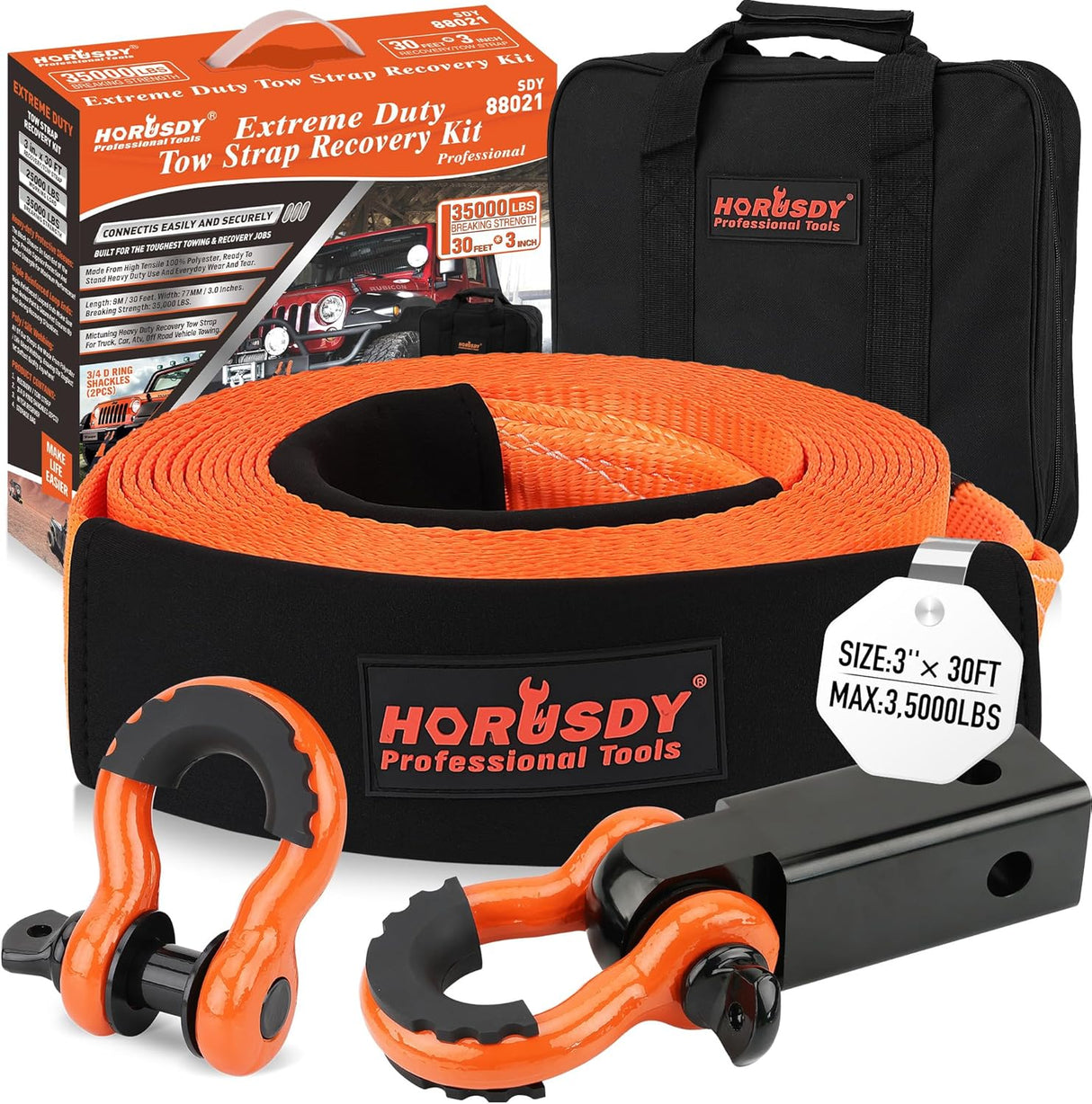 Heavy-duty orange HORUSDY tow strap recovery kit with 35,000 lbs break strength, D-ring shackles, 2” hitch receiver, and carrying bag for off-road towing