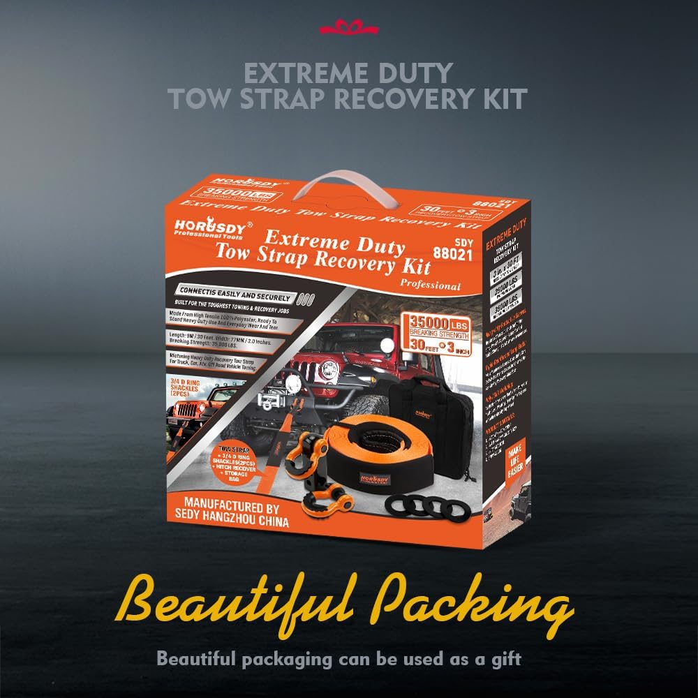 Heavy-duty orange HORUSDY tow strap recovery kit with 35,000 lbs break strength, D-ring shackles, 2” hitch receiver, and carrying bag for off-road towing