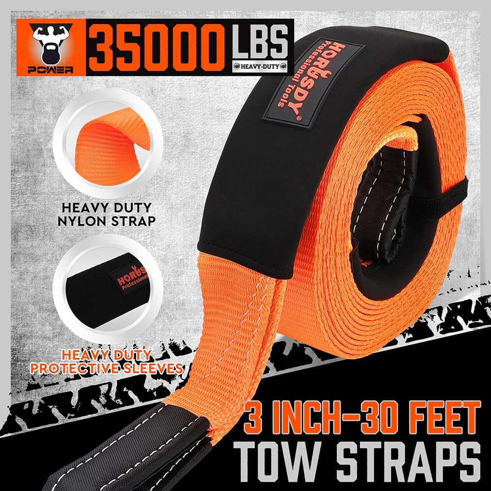 Heavy-duty orange HORUSDY tow strap recovery kit with 35,000 lbs break strength, D-ring shackles, 2” hitch receiver, and carrying bag for off-road towing