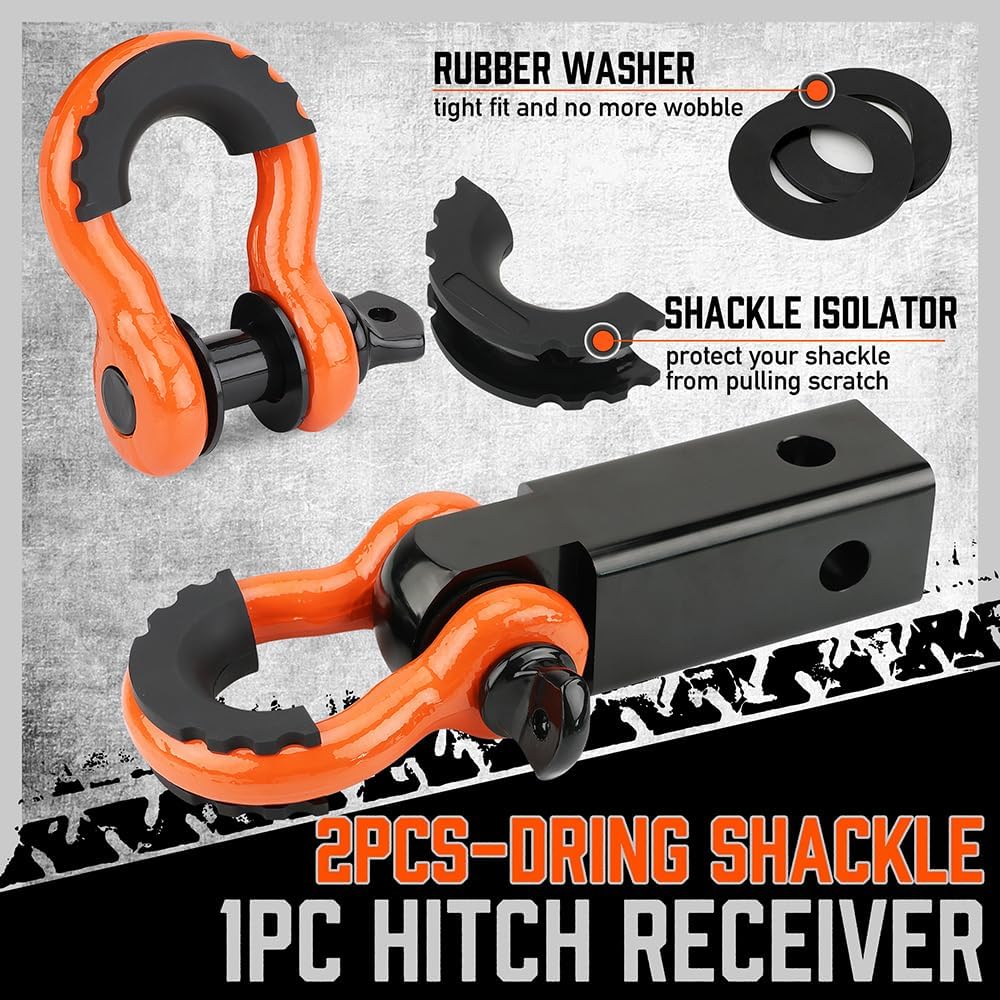 Heavy-duty orange HORUSDY tow strap recovery kit with 35,000 lbs break strength, D-ring shackles, 2” hitch receiver, and carrying bag for off-road towing