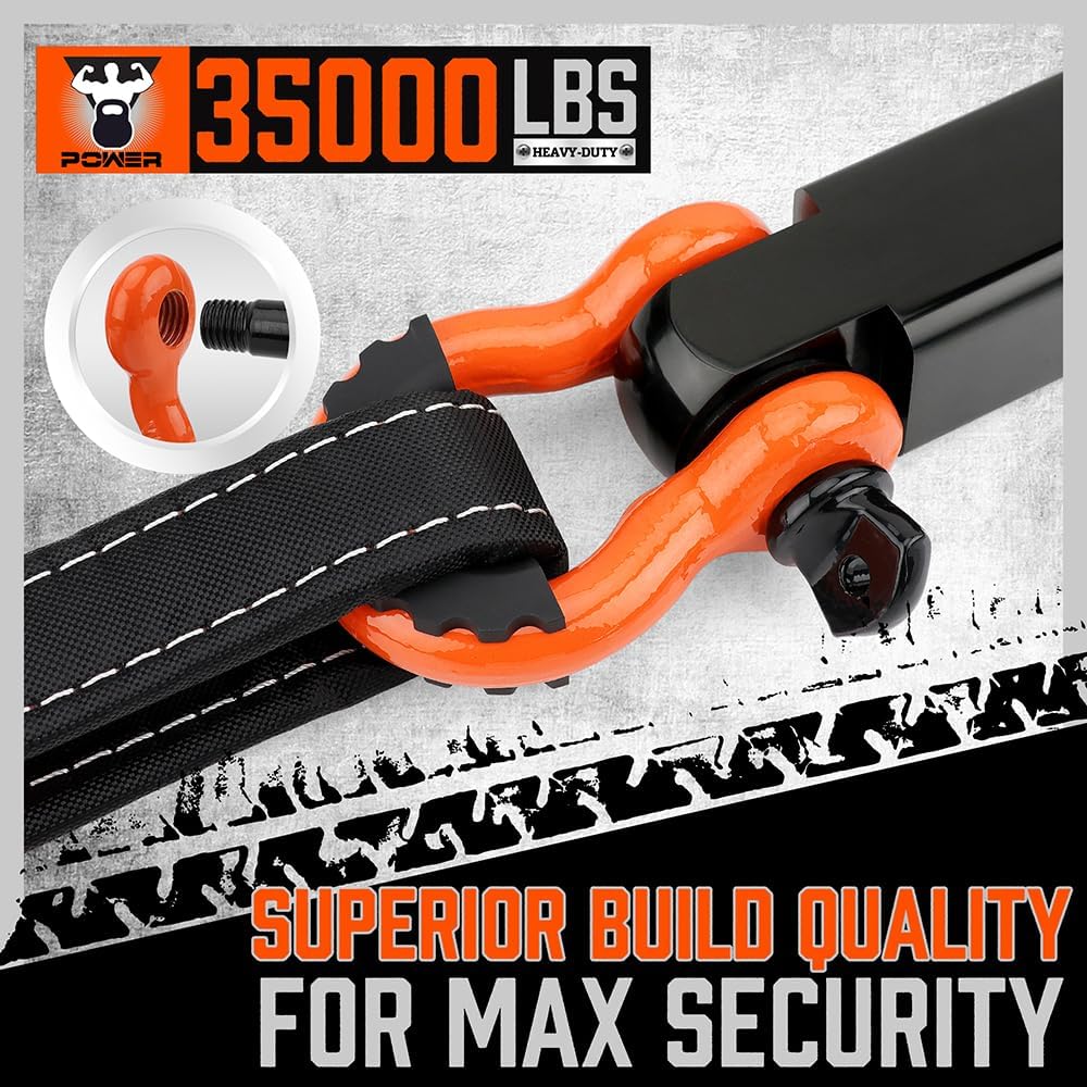 Heavy-duty orange HORUSDY tow strap recovery kit with 35,000 lbs break strength, D-ring shackles, 2” hitch receiver, and carrying bag for off-road towing