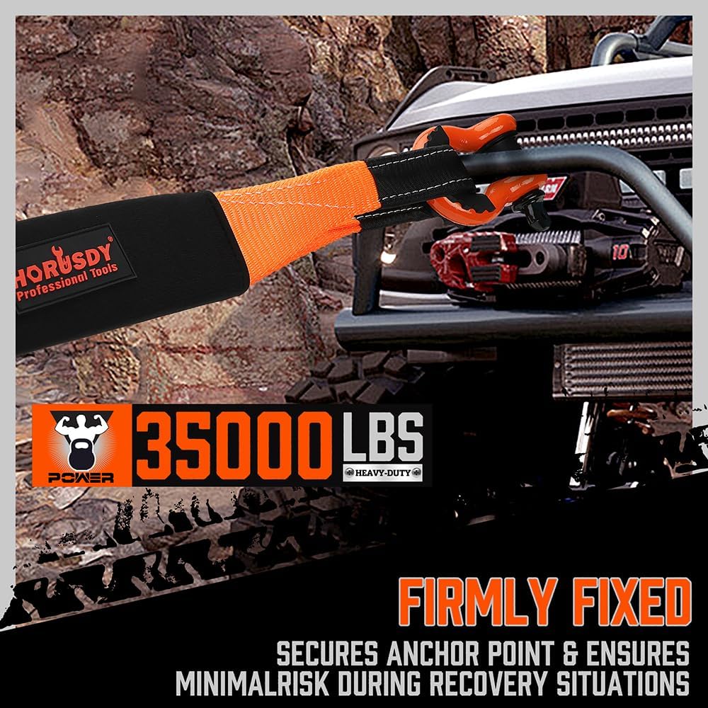 Heavy-duty orange HORUSDY tow strap recovery kit with 35,000 lbs break strength, D-ring shackles, 2” hitch receiver, and carrying bag for off-road towing