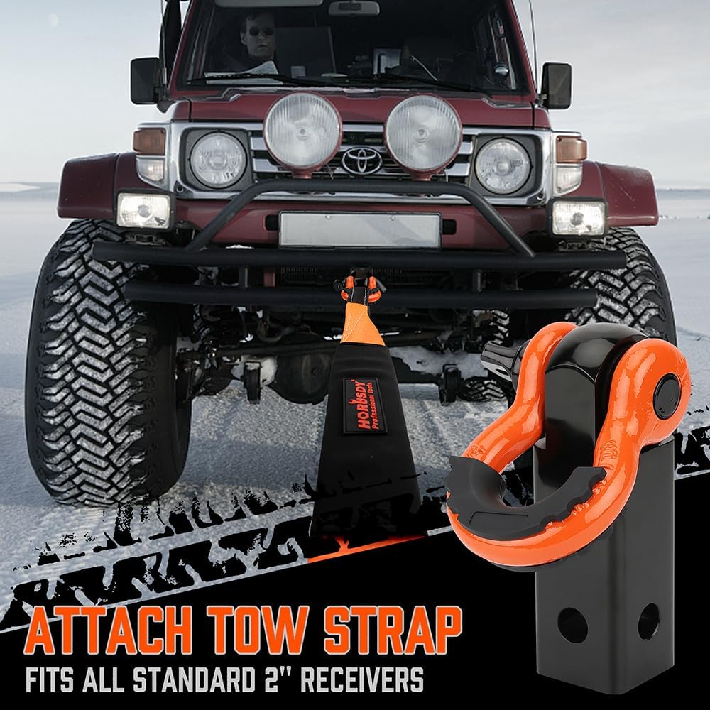 Heavy-duty orange HORUSDY tow strap recovery kit with 35,000 lbs break strength, D-ring shackles, 2” hitch receiver, and carrying bag for off-road towing