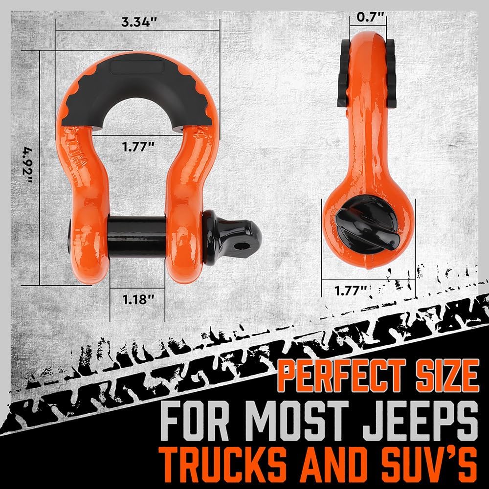Heavy-duty orange HORUSDY tow strap recovery kit with 35,000 lbs break strength, D-ring shackles, 2” hitch receiver, and carrying bag for off-road towing