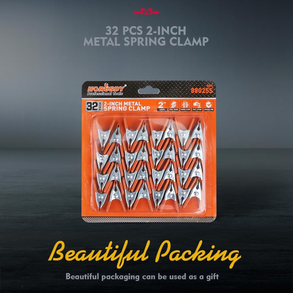 HORUSDY 32-pack 2-inch metal spring clamp set with PVC coated tips, heavy duty clips for woodworking and crafts