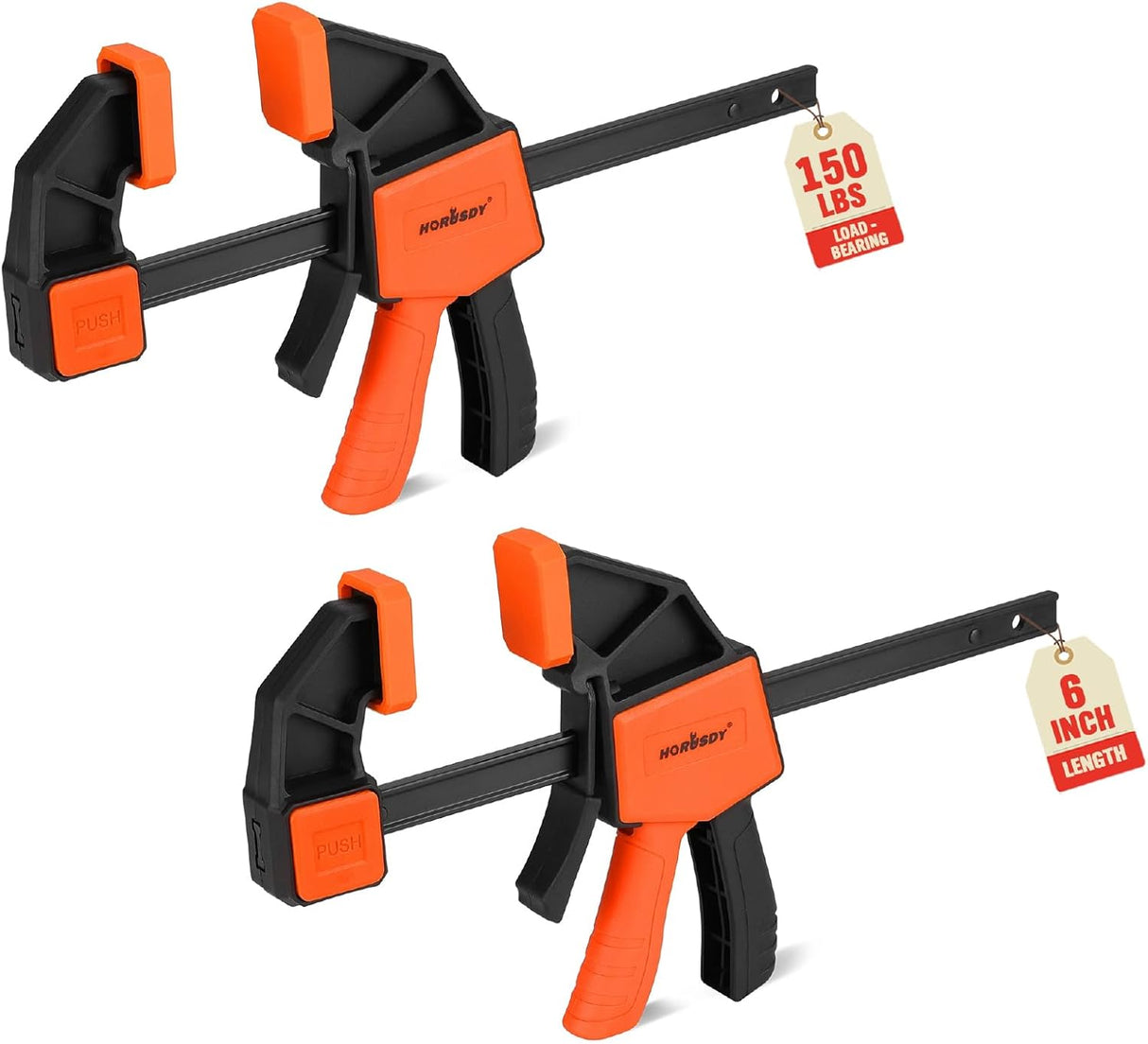 HORUSDY 6-inch bar clamps with quick-release trigger, reversible spreader design, anti-slip pads, and 150LBS clamping force