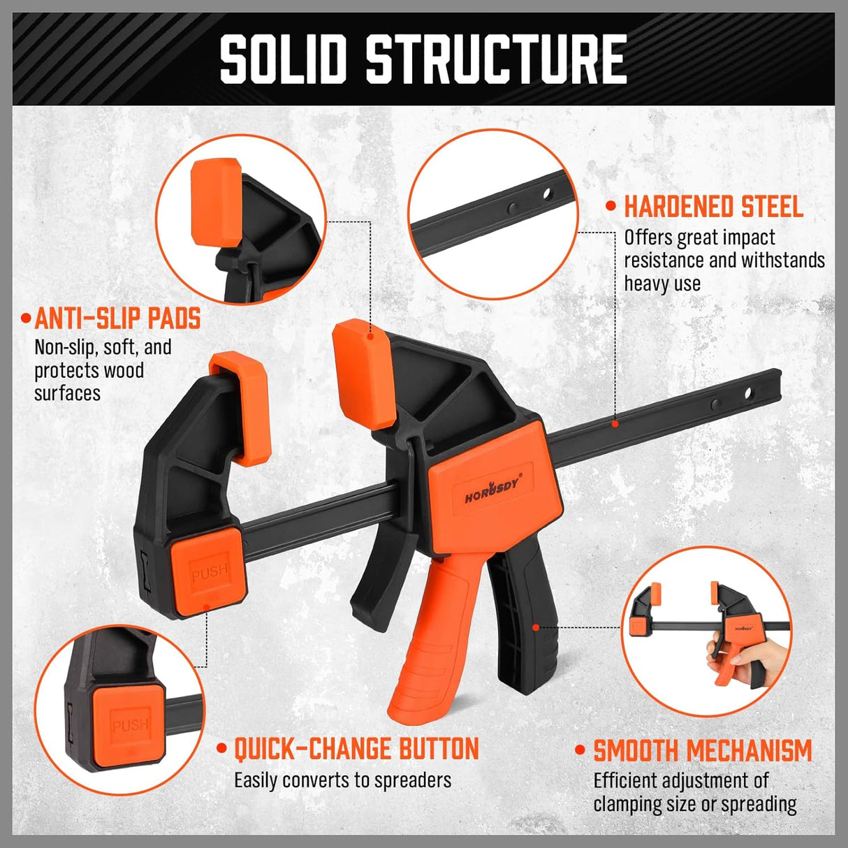 HORUSDY 6-inch bar clamps with quick-release trigger, reversible spreader design, anti-slip pads, and 150LBS clamping force