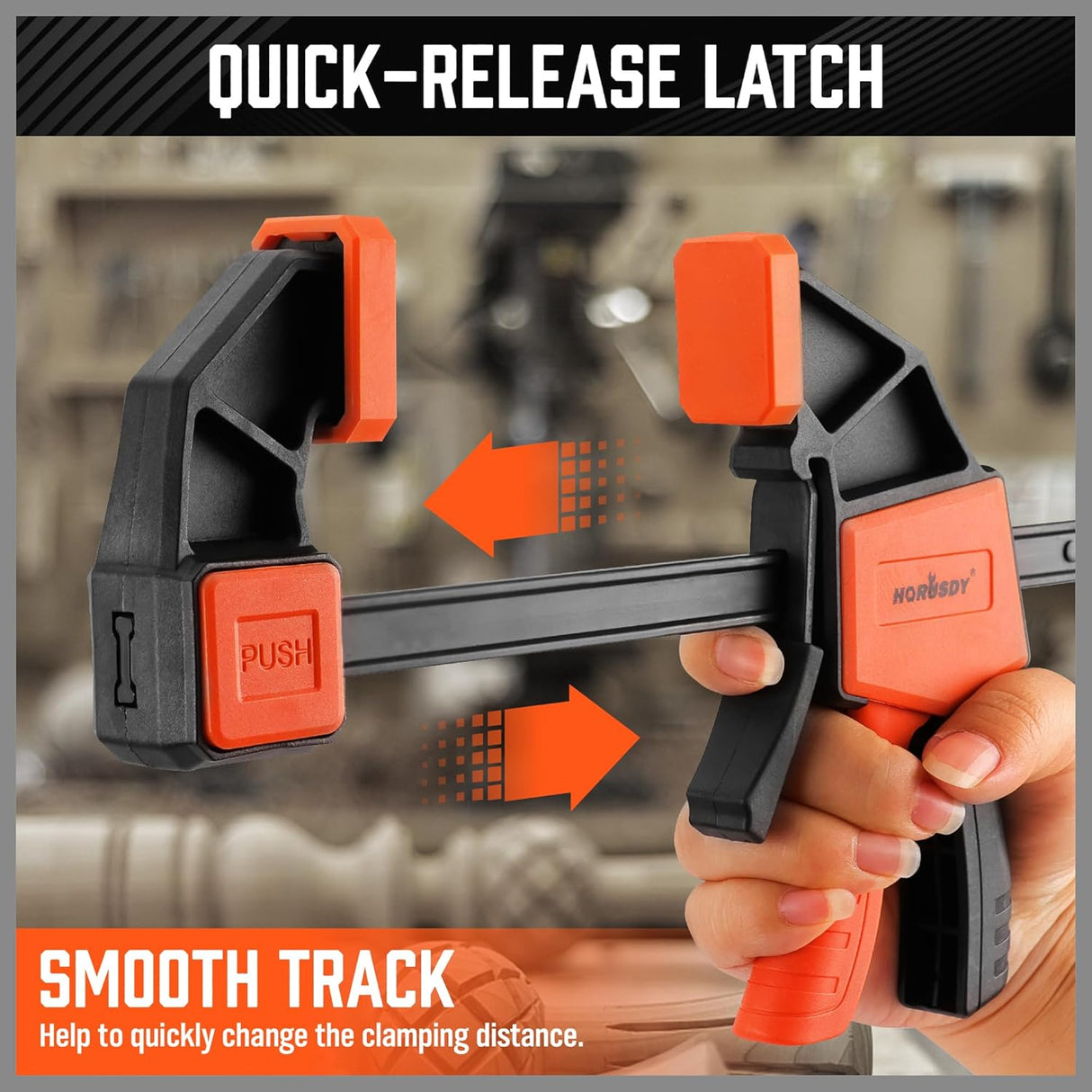 HORUSDY 6-inch bar clamps with quick-release trigger, reversible spreader design, anti-slip pads, and 150LBS clamping force