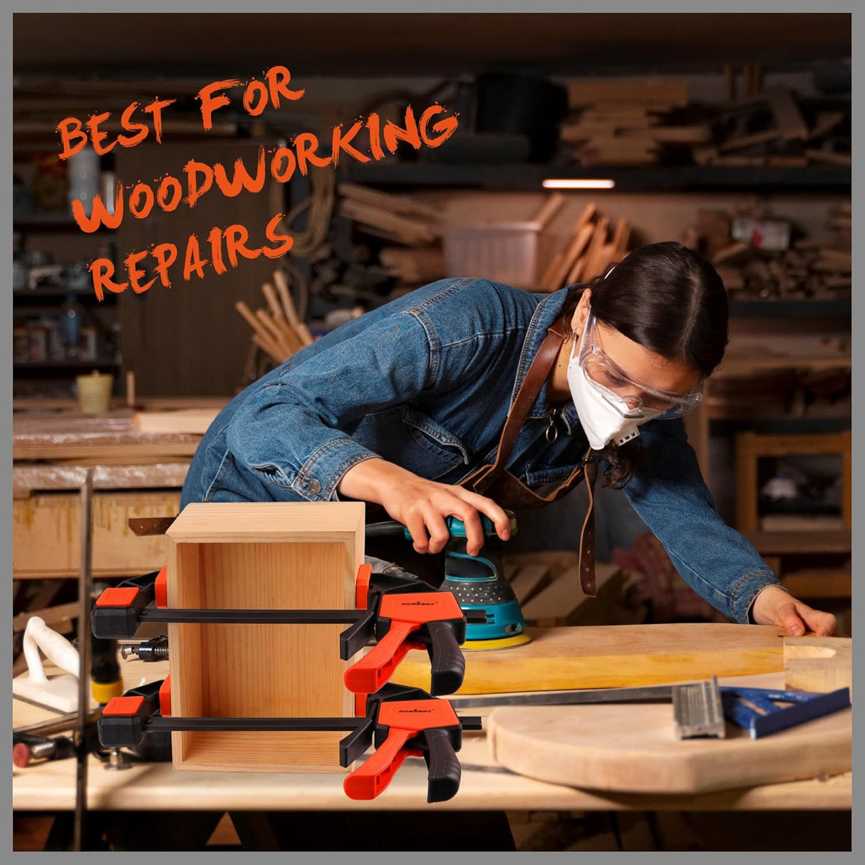 HORUSDY 6-inch bar clamps with quick-release trigger, reversible spreader design, anti-slip pads, and 150LBS clamping force