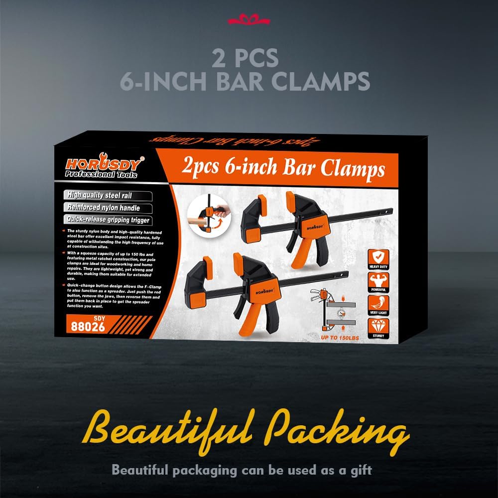HORUSDY 6-inch bar clamps with quick-release trigger, reversible spreader design, anti-slip pads, and 150LBS clamping force