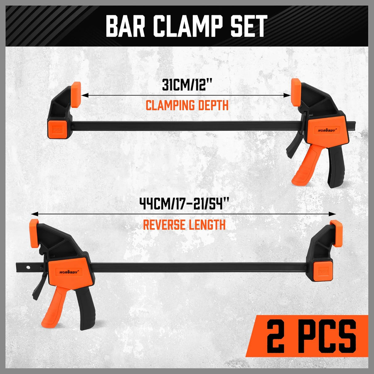 HORUSDY 12-inch bar clamps with quick-release trigger, spreader function, 150LBS force, anti-slip pads, and durable steel rails