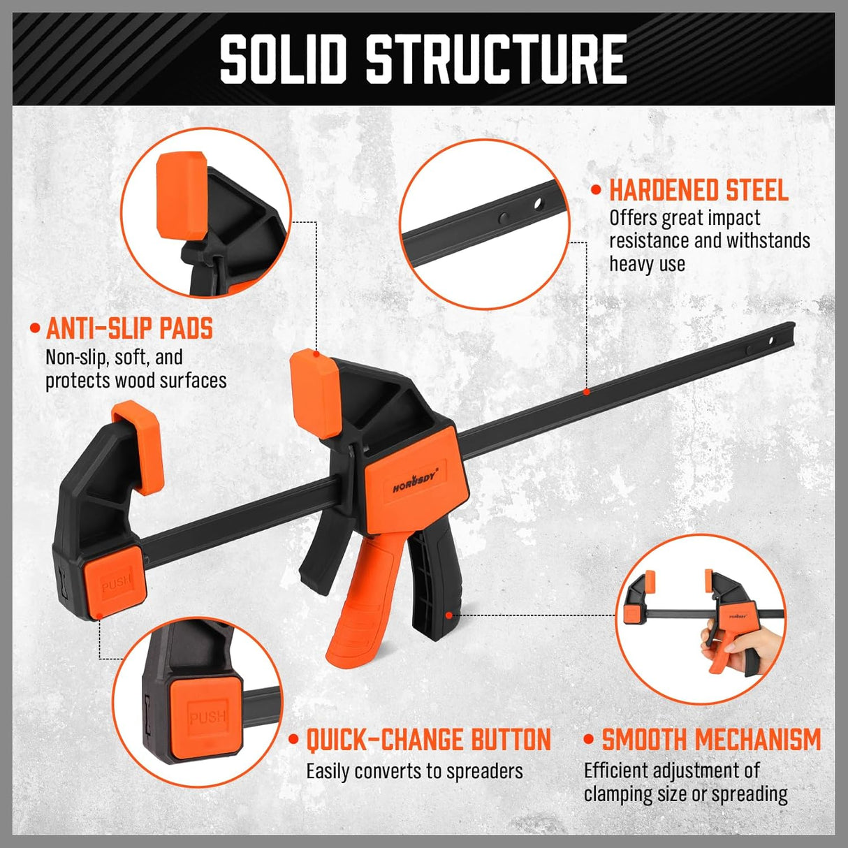 HORUSDY 12-inch bar clamps with quick-release trigger, spreader function, 150LBS force, anti-slip pads, and durable steel rails