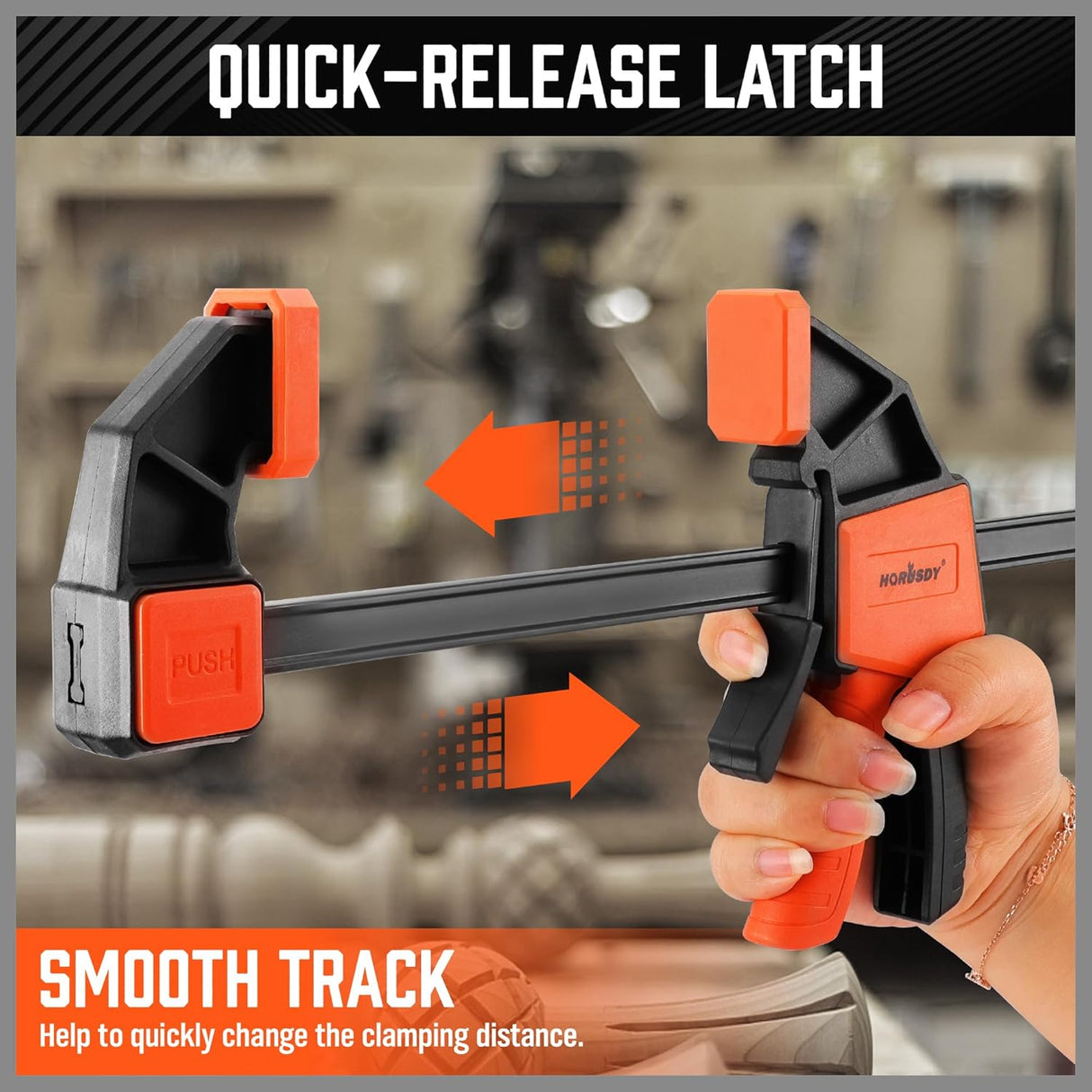 HORUSDY 12-inch bar clamps with quick-release trigger, spreader function, 150LBS force, anti-slip pads, and durable steel rails