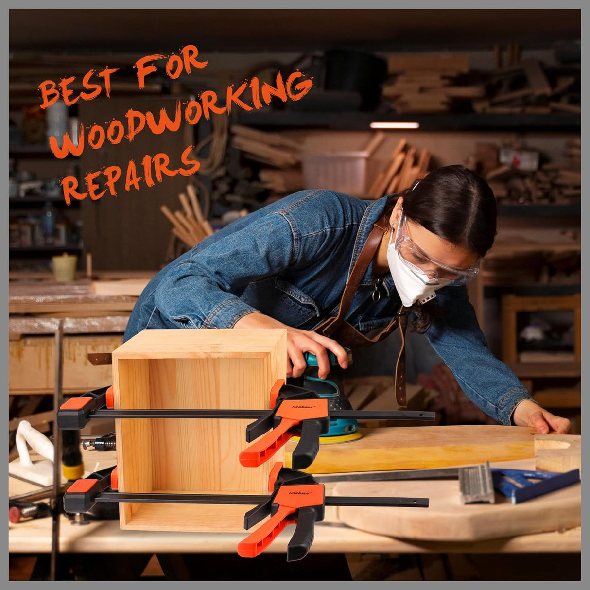 HORUSDY 12-inch bar clamps with quick-release trigger, spreader function, 150LBS force, anti-slip pads, and durable steel rails