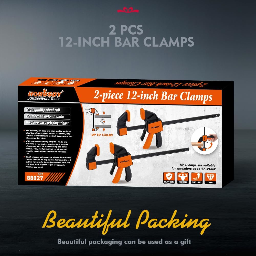 HORUSDY 12-inch bar clamps with quick-release trigger, spreader function, 150LBS force, anti-slip pads, and durable steel rails