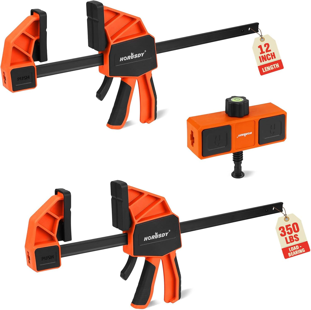 HORUSDY 3-piece 12-inch bar clamp set with orange quick-release trigger and leveling block, suitable for woodworking projects