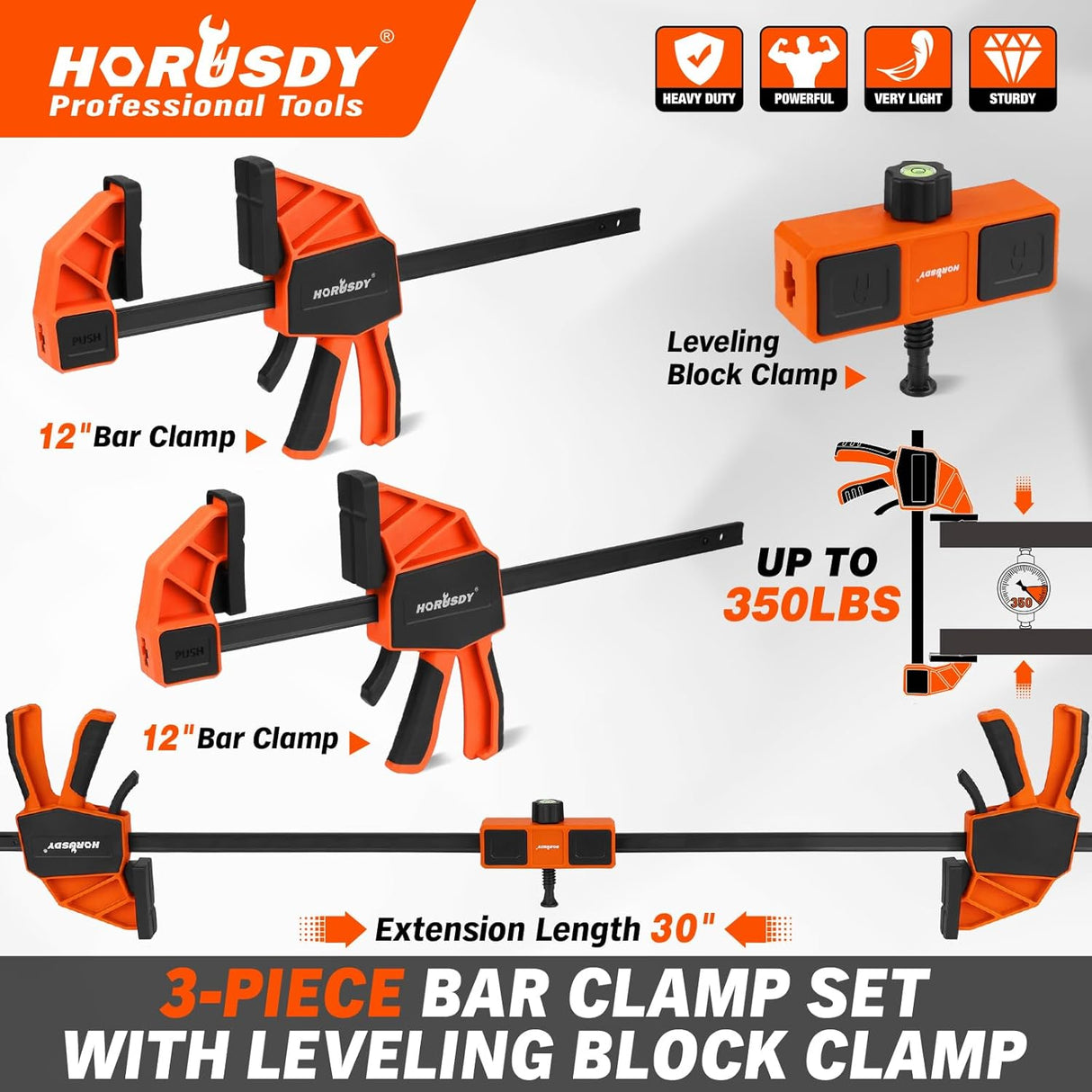 HORUSDY 3-piece 12-inch bar clamp set with orange quick-release trigger and leveling block, suitable for woodworking projects