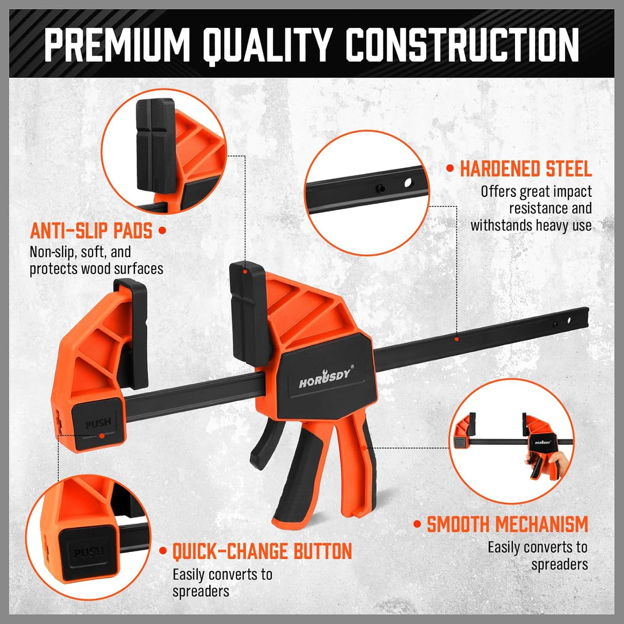 HORUSDY 3-piece 12-inch bar clamp set with orange quick-release trigger and leveling block, suitable for woodworking projects