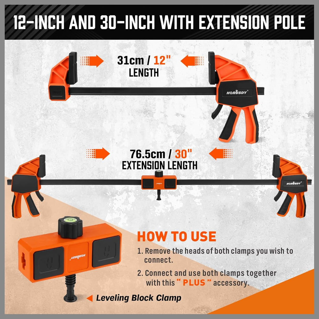 HORUSDY 3-piece 12-inch bar clamp set with orange quick-release trigger and leveling block, suitable for woodworking projects