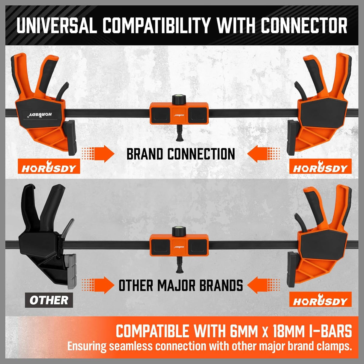 HORUSDY 3-piece 12-inch bar clamp set with orange quick-release trigger and leveling block, suitable for woodworking projects