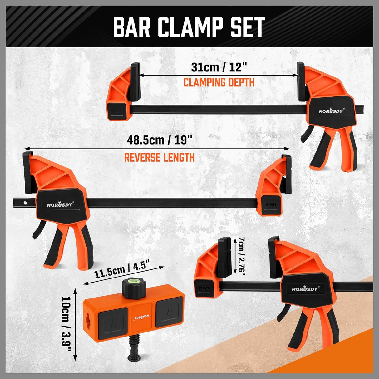 HORUSDY 3-piece 12-inch bar clamp set with orange quick-release trigger and leveling block, suitable for woodworking projects