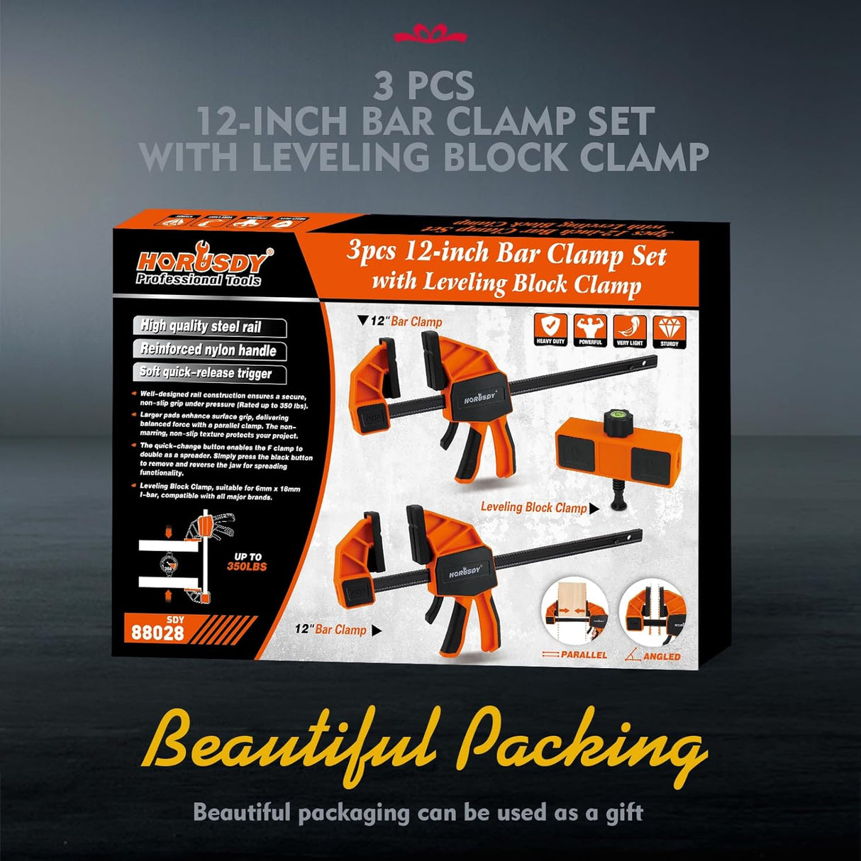 HORUSDY 3-piece 12-inch bar clamp set with orange quick-release trigger and leveling block, suitable for woodworking projects