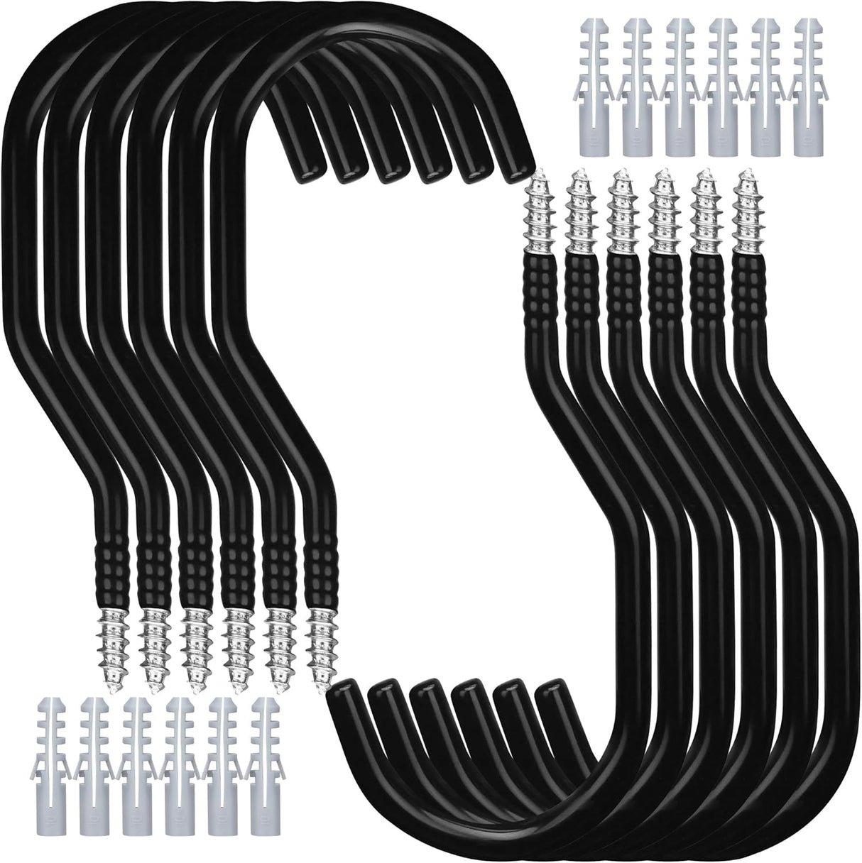 12-pack black screw-in wall hooks for bike and garage storage, heavy-duty utility hangers with non-slip wide mouth design