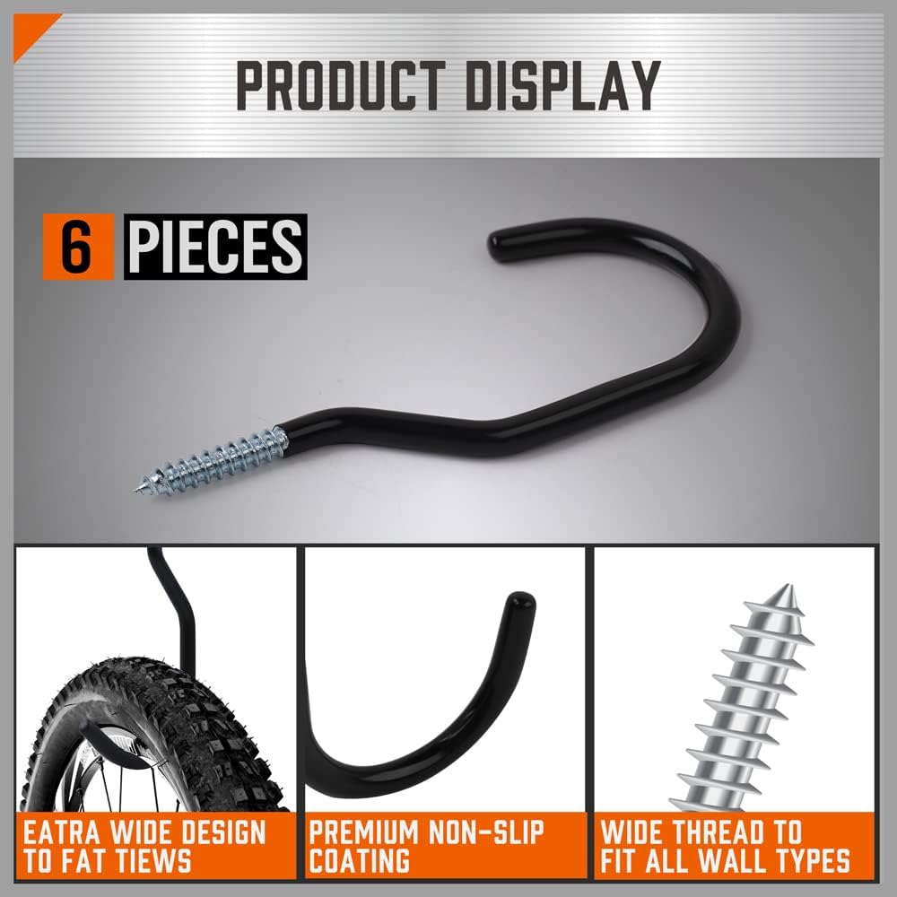 12-pack black screw-in wall hooks for bike and garage storage, heavy-duty utility hangers with non-slip wide mouth design