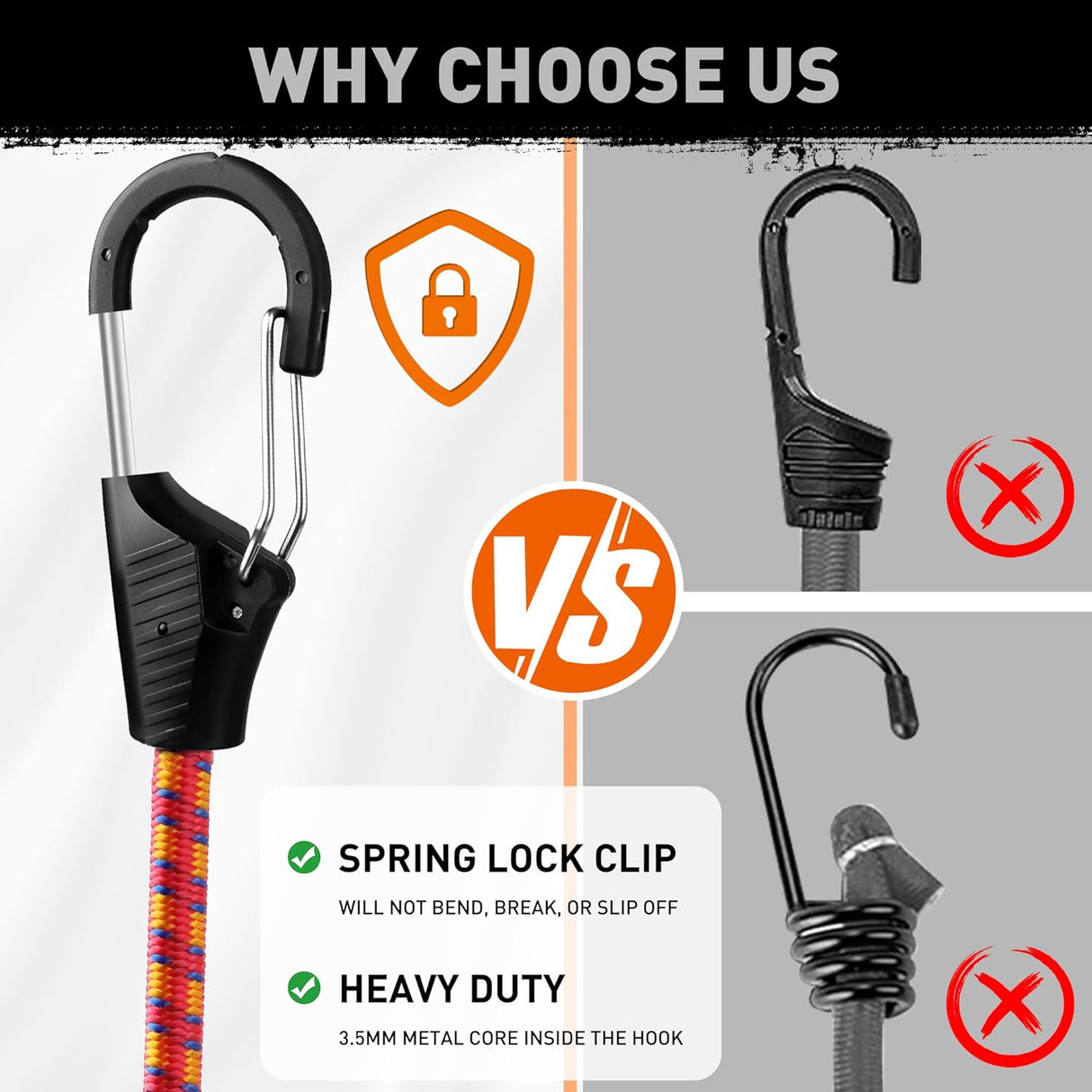 HORUSDY 18-inch heavy-duty bungee cords with spring lock clips and steel core for securing luggage, bike bags, outdoor gear, and rooftop loads