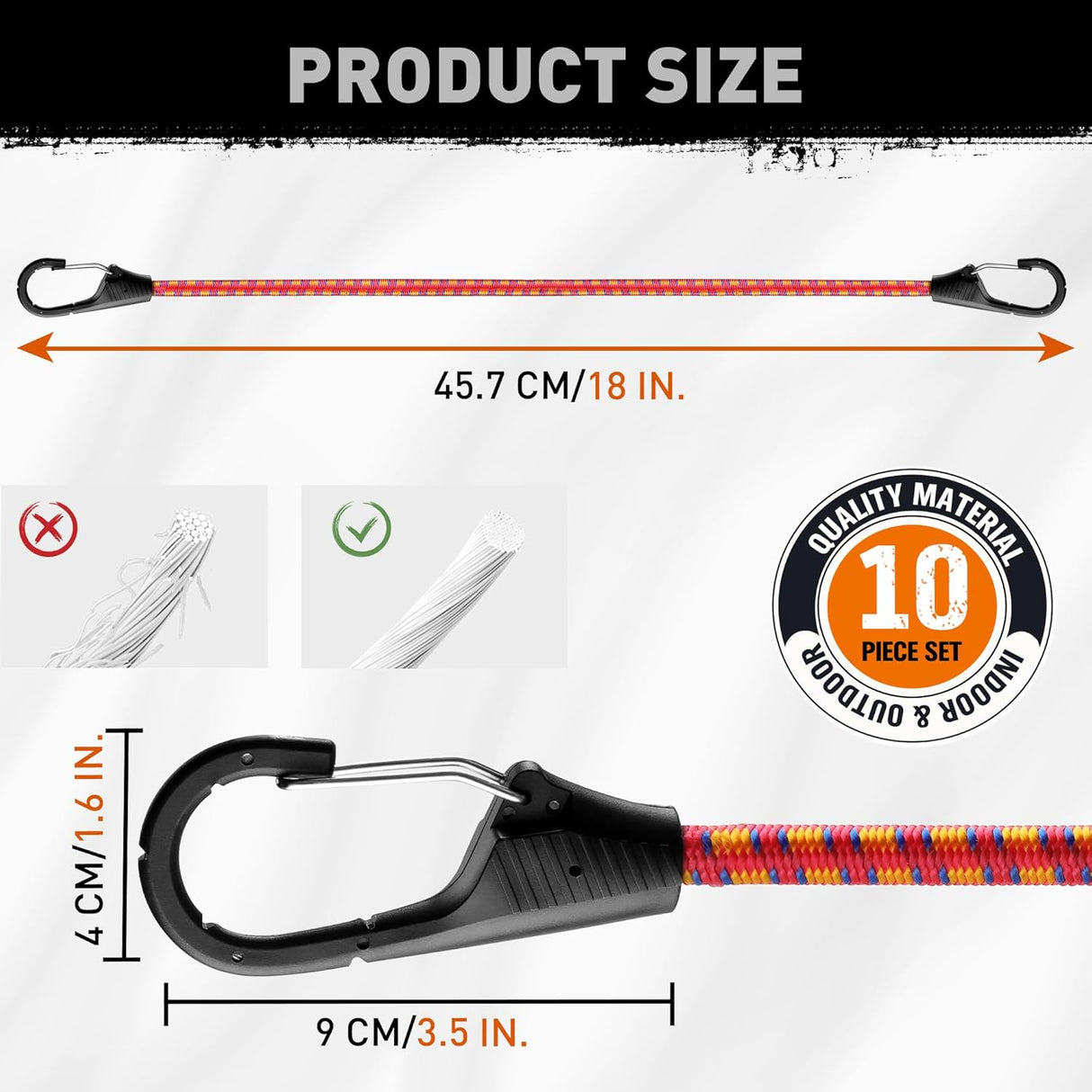 HORUSDY 18-inch heavy-duty bungee cords with spring lock clips and steel core for securing luggage, bike bags, outdoor gear, and rooftop loads