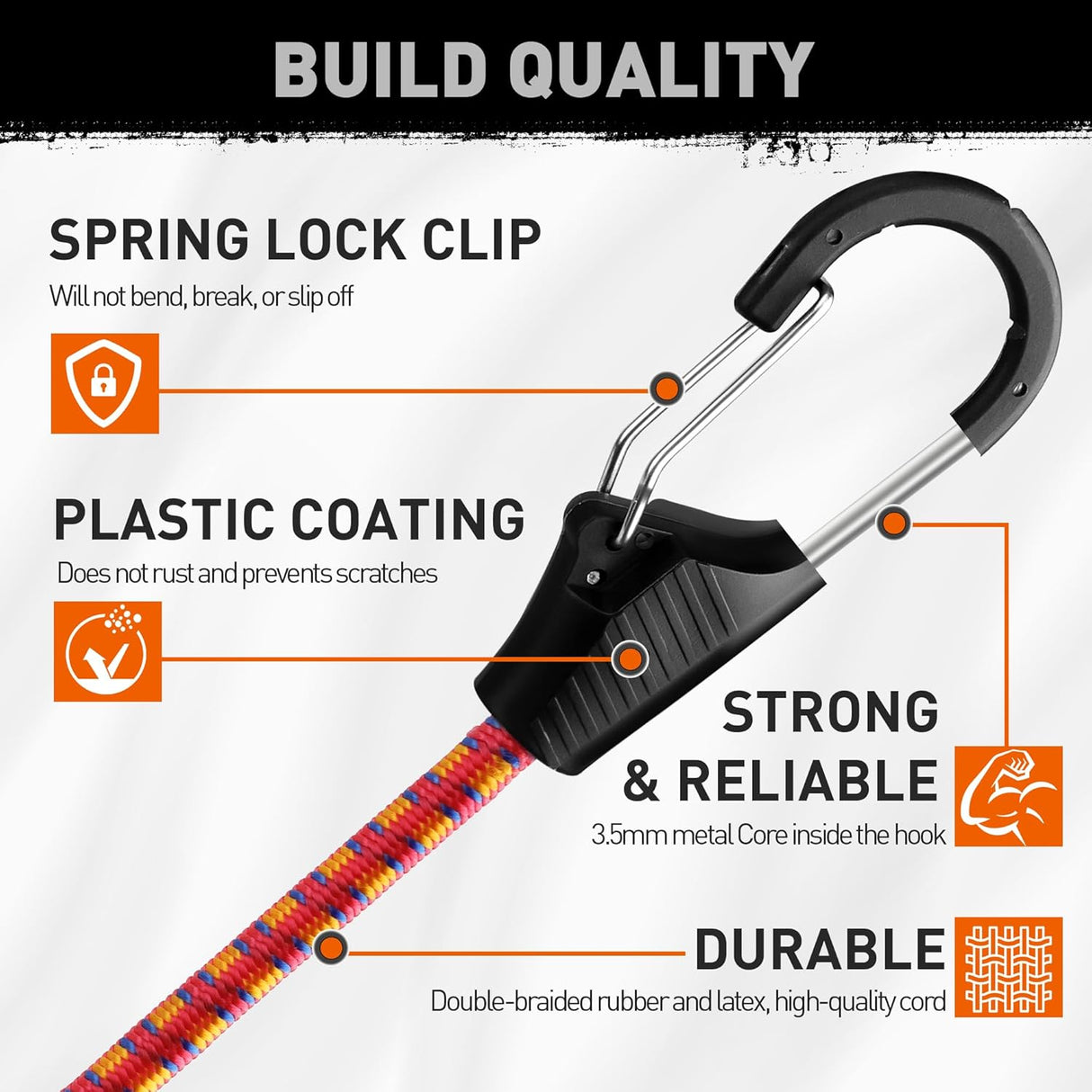 HORUSDY 18-inch heavy-duty bungee cords with spring lock clips and steel core for securing luggage, bike bags, outdoor gear, and rooftop loads