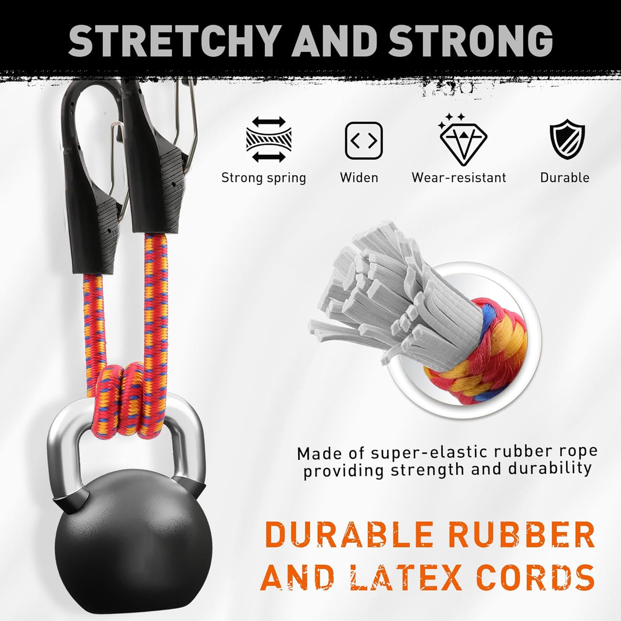 HORUSDY 18-inch heavy-duty bungee cords with spring lock clips and steel core for securing luggage, bike bags, outdoor gear, and rooftop loads