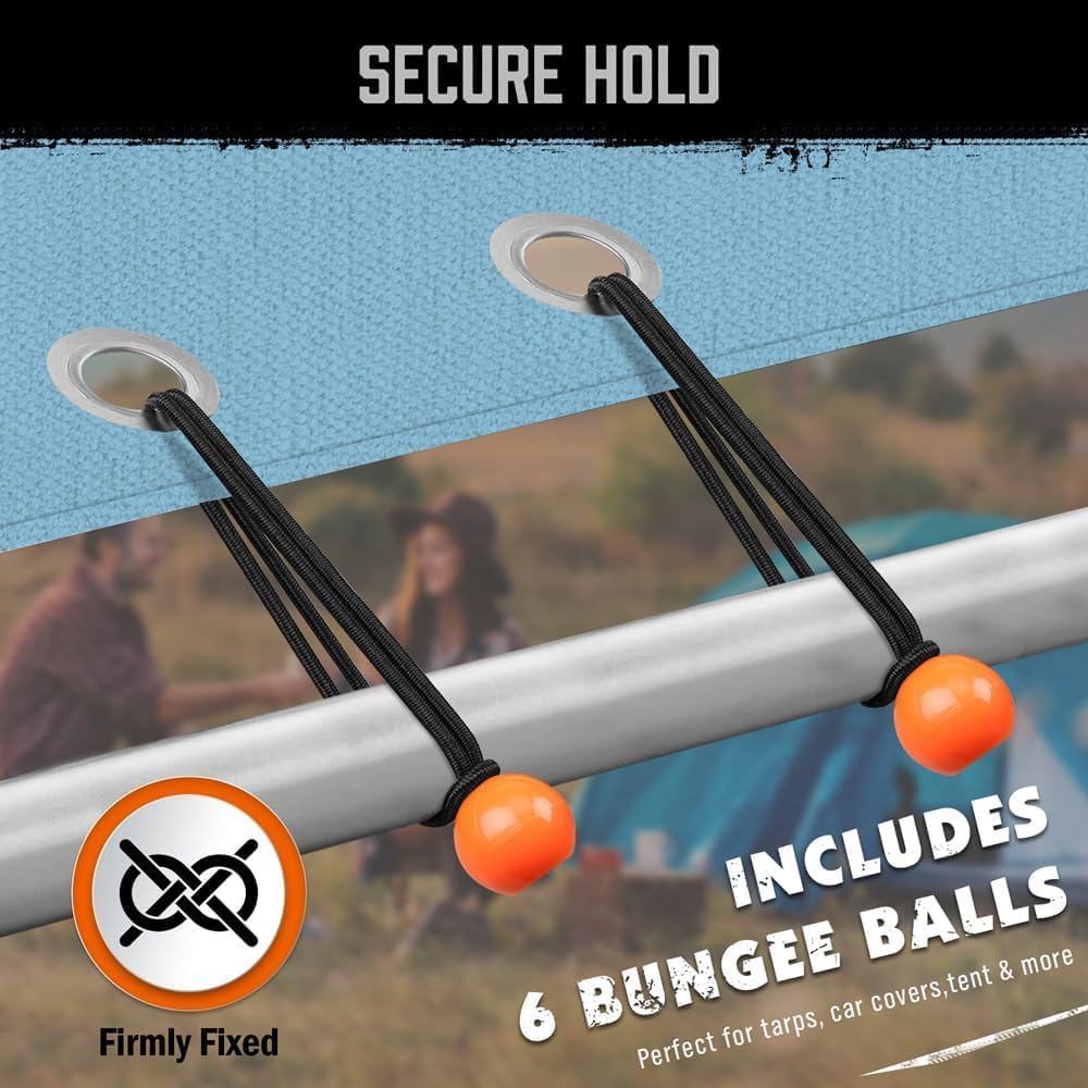 HORUSDY 28-piece heavy-duty bungee cord kit with hooks, canopy ball ties, and tarp clips for securing loads, tents, or tarps in outdoor and travel use
