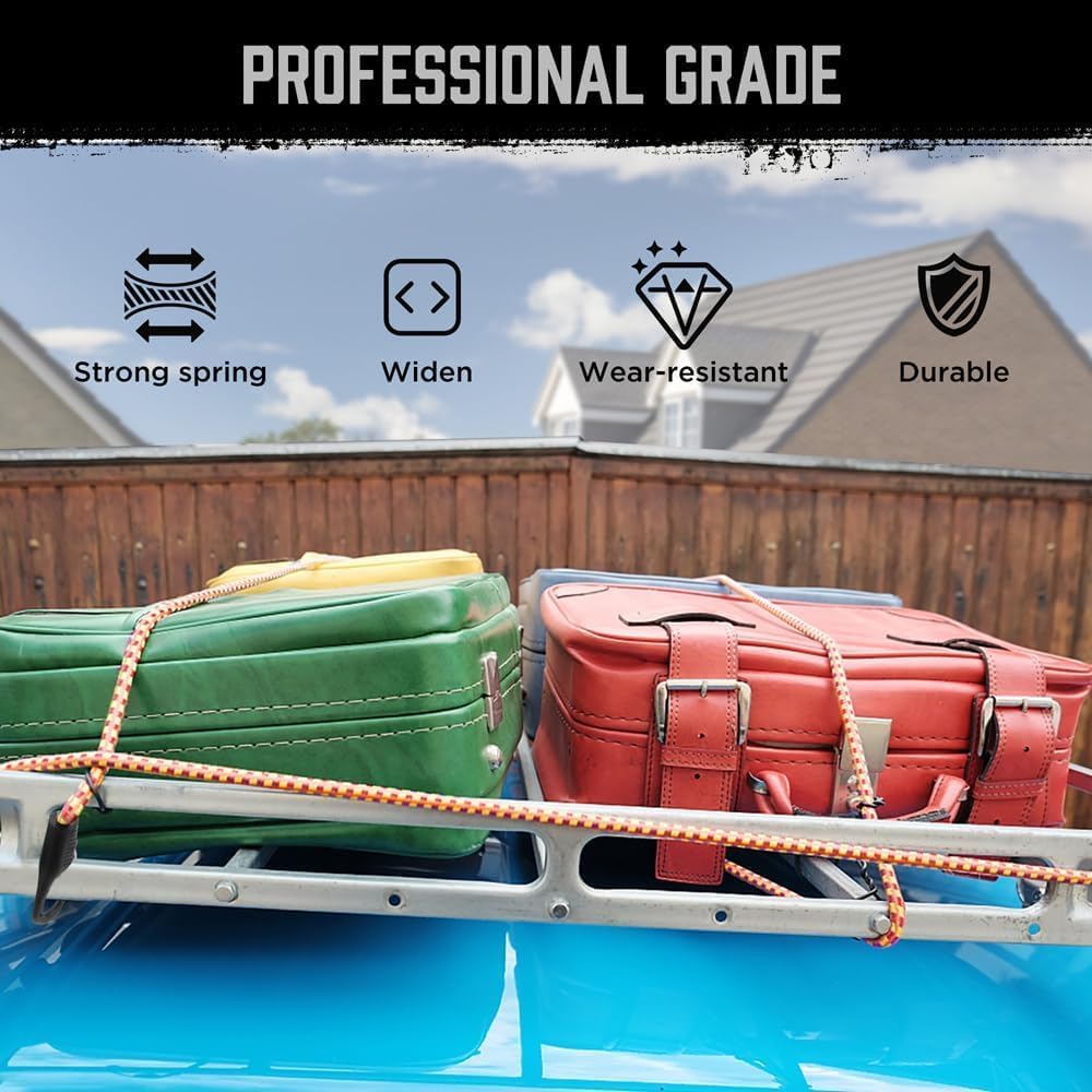 HORUSDY 28-piece heavy-duty bungee cord kit with hooks, canopy ball ties, and tarp clips for securing loads, tents, or tarps in outdoor and travel use