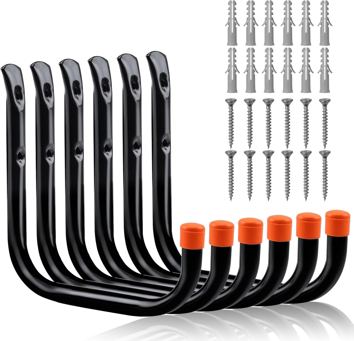 HORUSDY 6-pack garage storage hooks with black rust-resistant finish, orange non-slip rubber tips, and complete mounting hardware for organizing tools and bikes.
